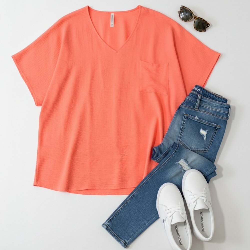 ZENANA 3X Neon Coral V-Neck Top – Lightweight, Bright Plus Size Blouse